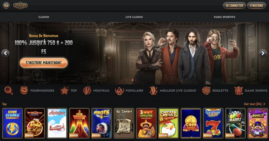 Schermata principale del sito web del Gransino Casino che mostra la lobby dei giochi